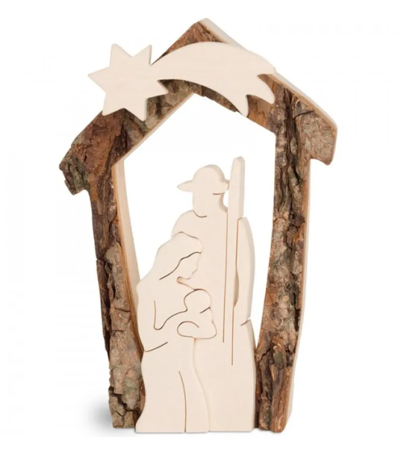 Waldfabrik, photophore en bois et étoile sapin de Noël Crèche De Noël En Ecorce 12,5 Cm, Avec Nativite En Bois D'Erable Best