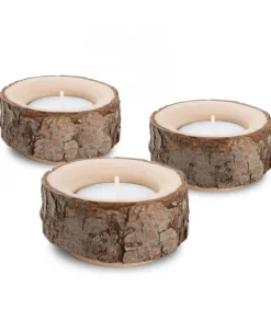 Waldfabrik, photophore en bois et étoile sapin de Noël Lot De 3 Bougeoirs En Bois Avec Ecorce, 9 Cm New
