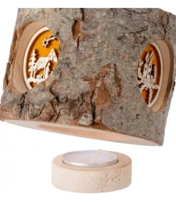 Waldfabrik, photophore en bois et étoile sapin de Noël Photophore Rondin De Bois, Avec 3 Motifs Crèche, Père Noël Et Bougies Discount